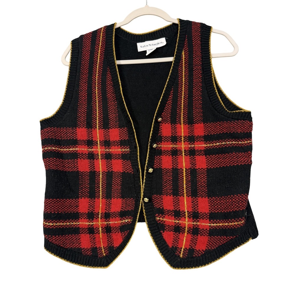 Vintage Norton McNaughton Sweater Vest Womens Large Black Red‎ Plaid Button Trim